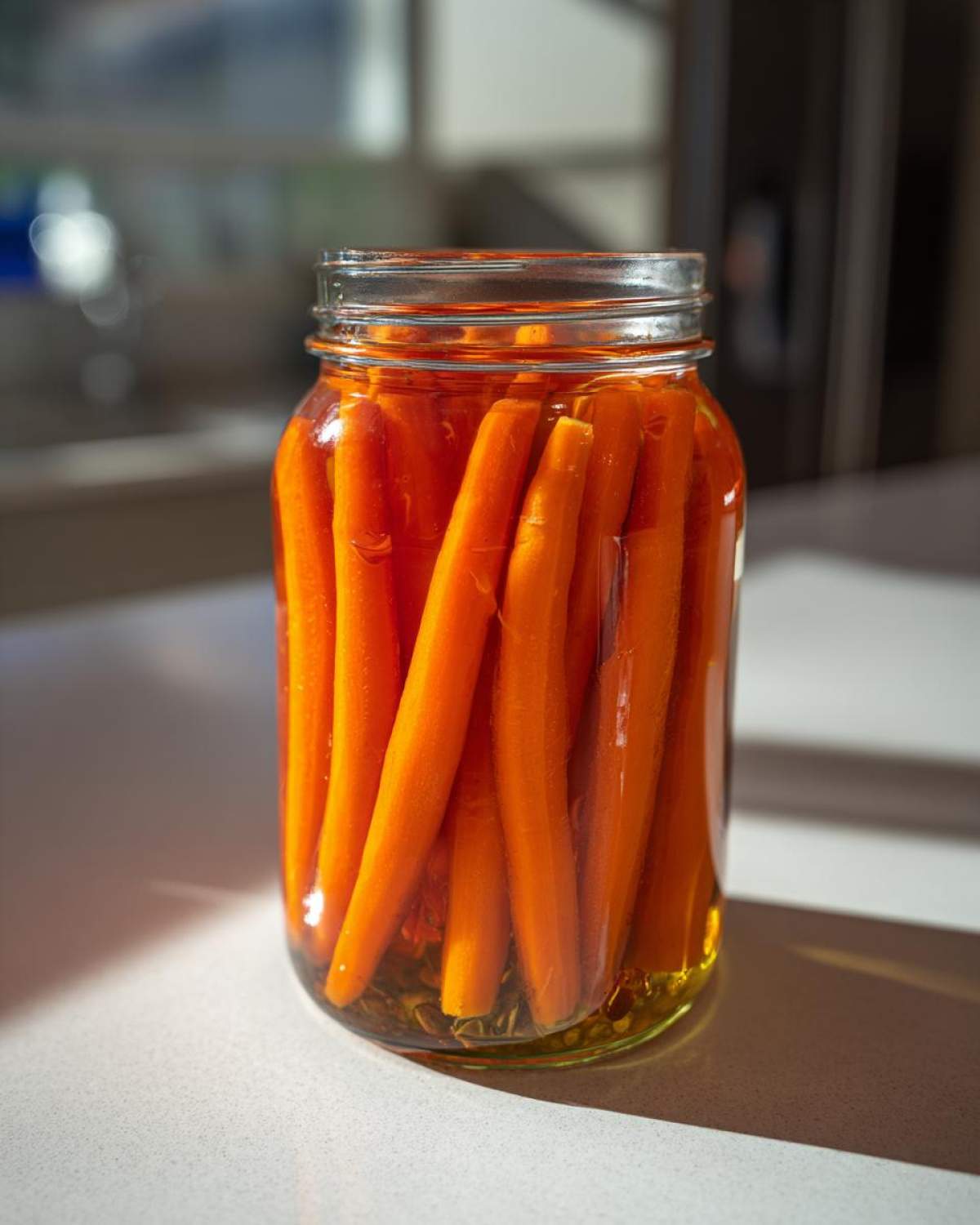 A glass jar filled with whole, bright orange pickled carrots standing upright in brine on a light countertop.