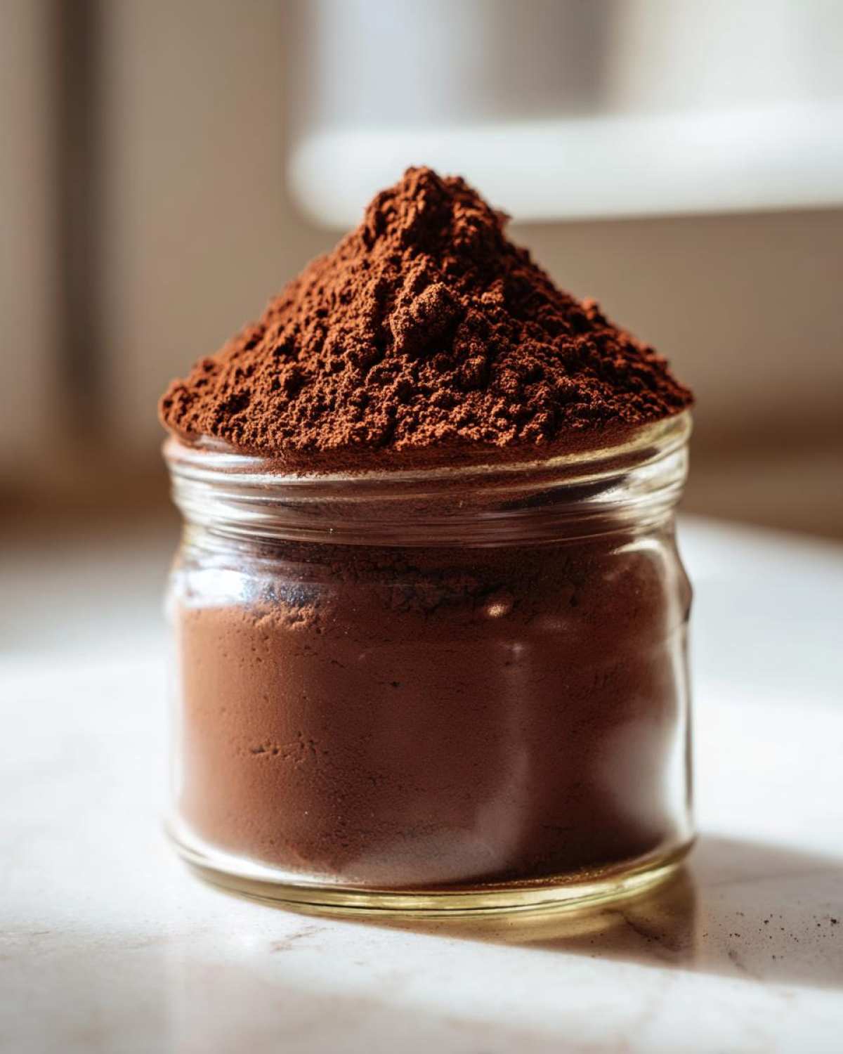 Close-up of a small glass jar filled with rich brown hot cocoa mix powder piled high on top.