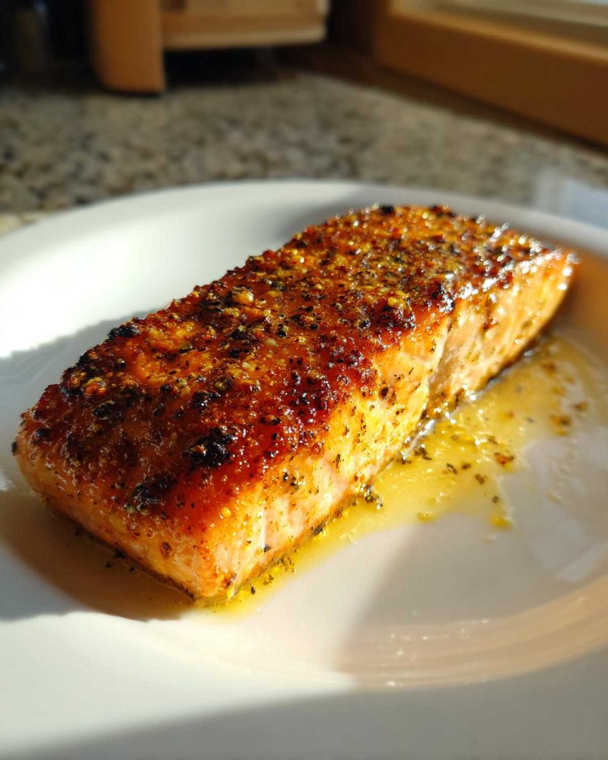 A close-up of a juicy, seasoned air fryer salmon fillet resting on its own juices on a white plate.