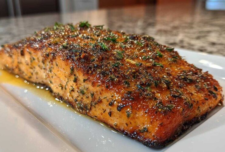 Close-up of a juicy, seasoned air fryer salmon fillet resting on a white rectangular plate with melted butter.