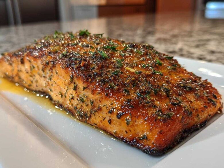 Close-up of a juicy, seasoned air fryer salmon fillet resting on a white rectangular plate with melted butter.