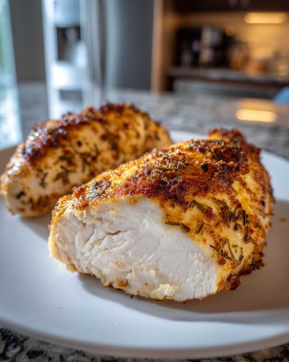Close-up of a juicy baked chicken breast, sliced to show the moist white interior and seasoned, browned exterior.