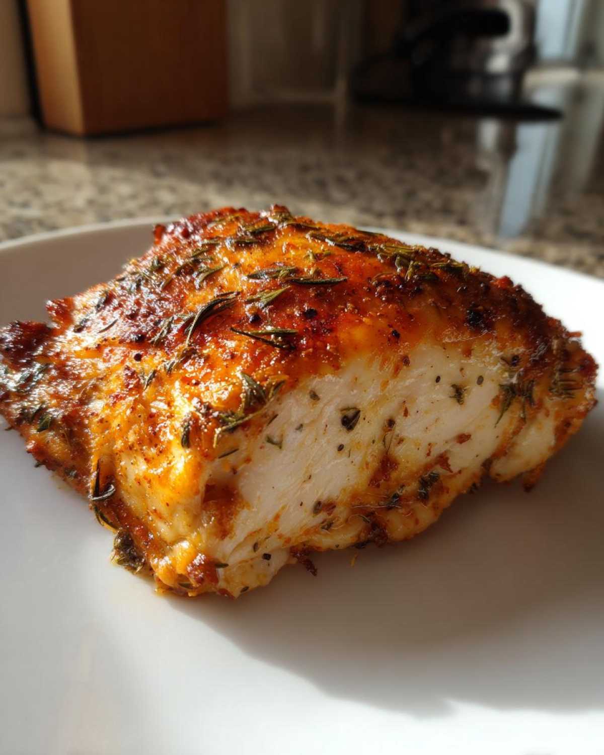 Close-up of a perfectly cooked, juicy baked chicken breast seasoned with herbs and spices.