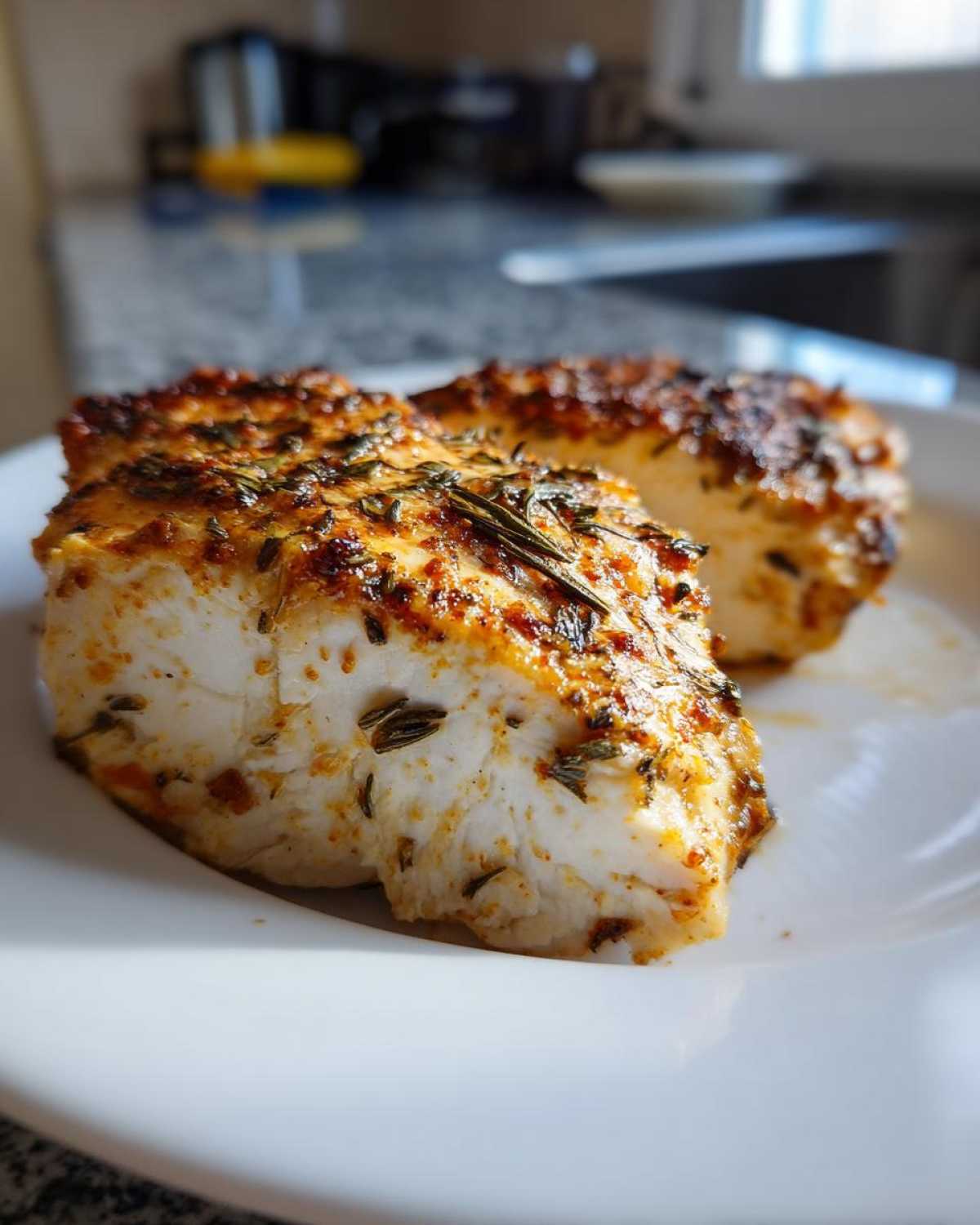 Close-up of a perfectly juicy baked chicken breast seasoned with herbs and spices on a white plate.