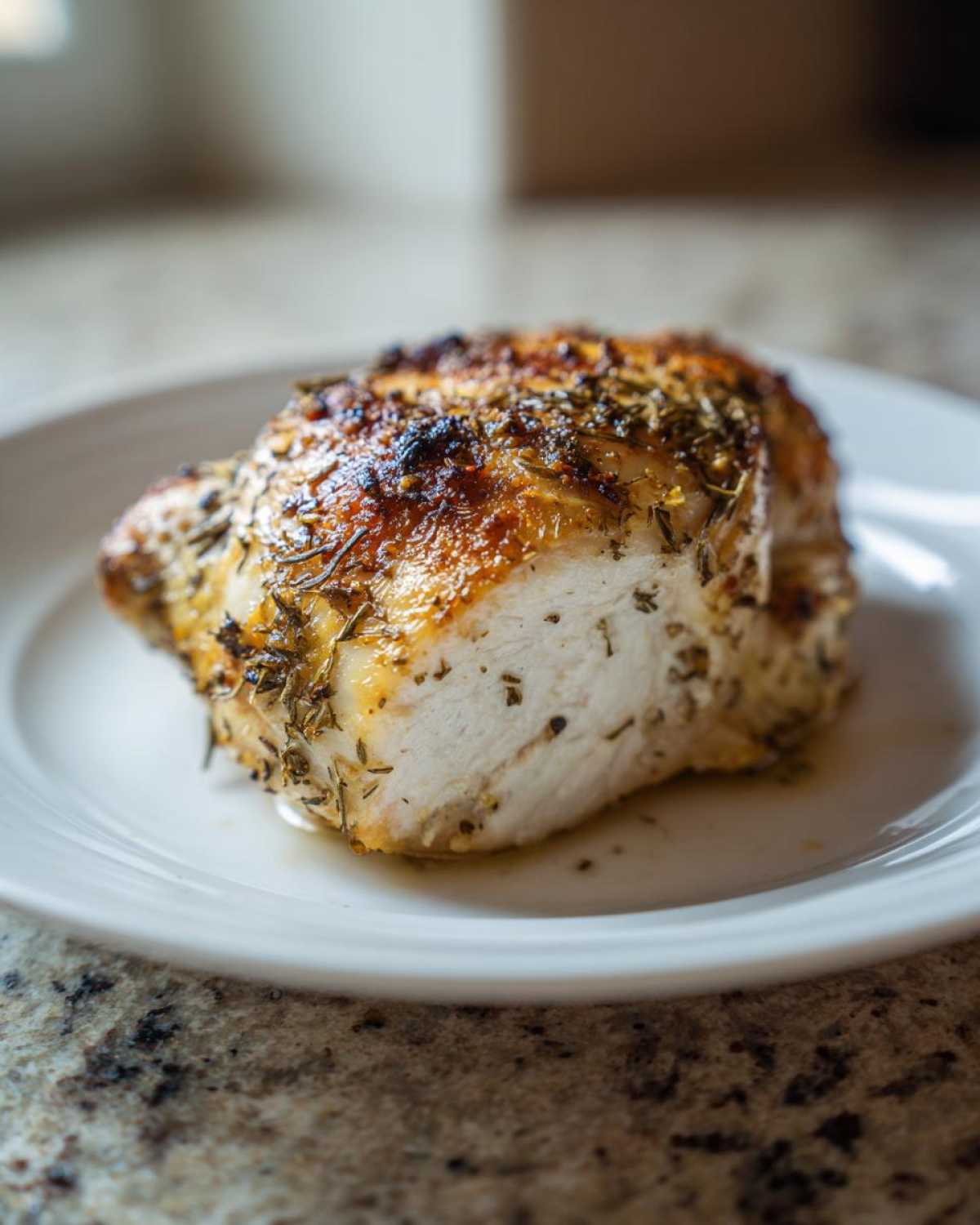 Cross-section of a perfectly cooked, juicy baked chicken breast seasoned with herbs on a white plate.