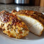 Two slices of perfectly cooked, juicy baked chicken breast showing the white interior and seasoned, golden-brown exterior.