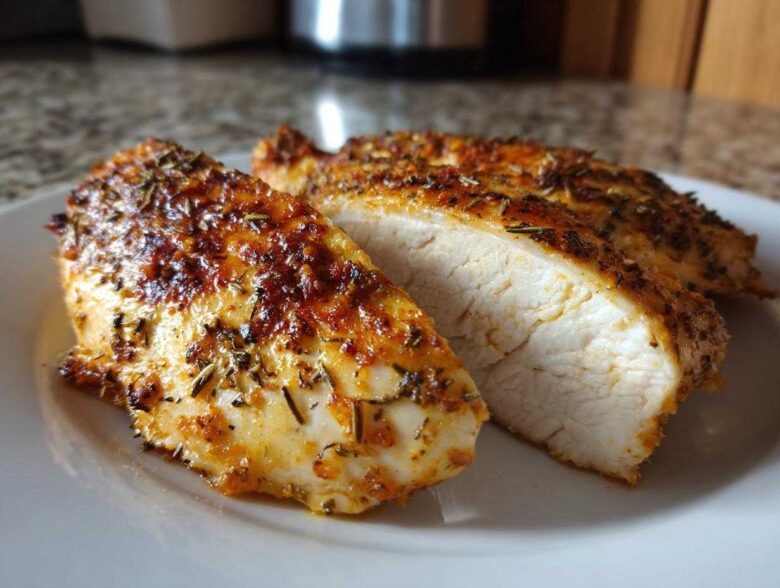 Two slices of perfectly cooked, juicy baked chicken breast showing the white interior and seasoned, golden-brown exterior.