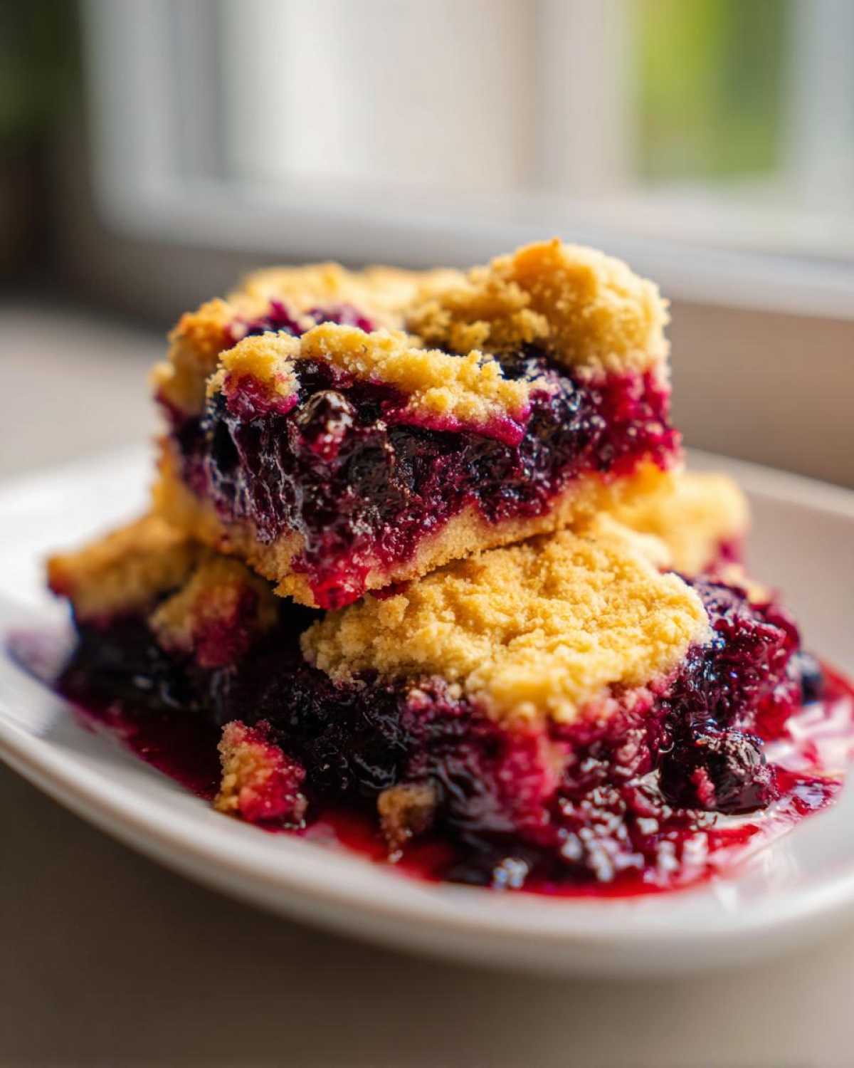 Two stacked squares of rich, dark berry cobbler with a crumbly topping, oozing purple juice.