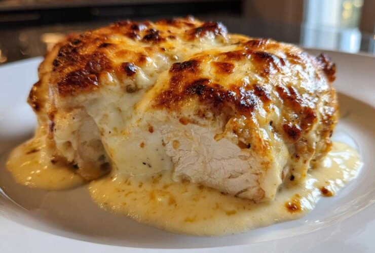Close-up of a juicy caesar chicken breast topped with melted, browned cheese sauce.