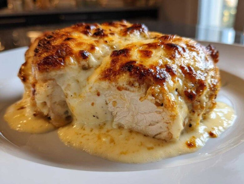 Close-up of a juicy caesar chicken breast topped with melted, browned cheese sauce.