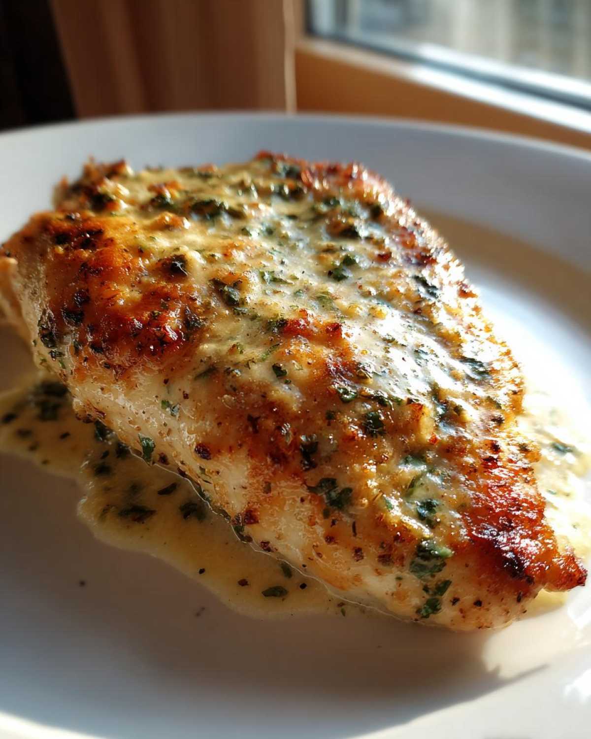 Close-up of a perfectly seared caesar chicken breast covered in a creamy, herbed sauce, served on a white plate.