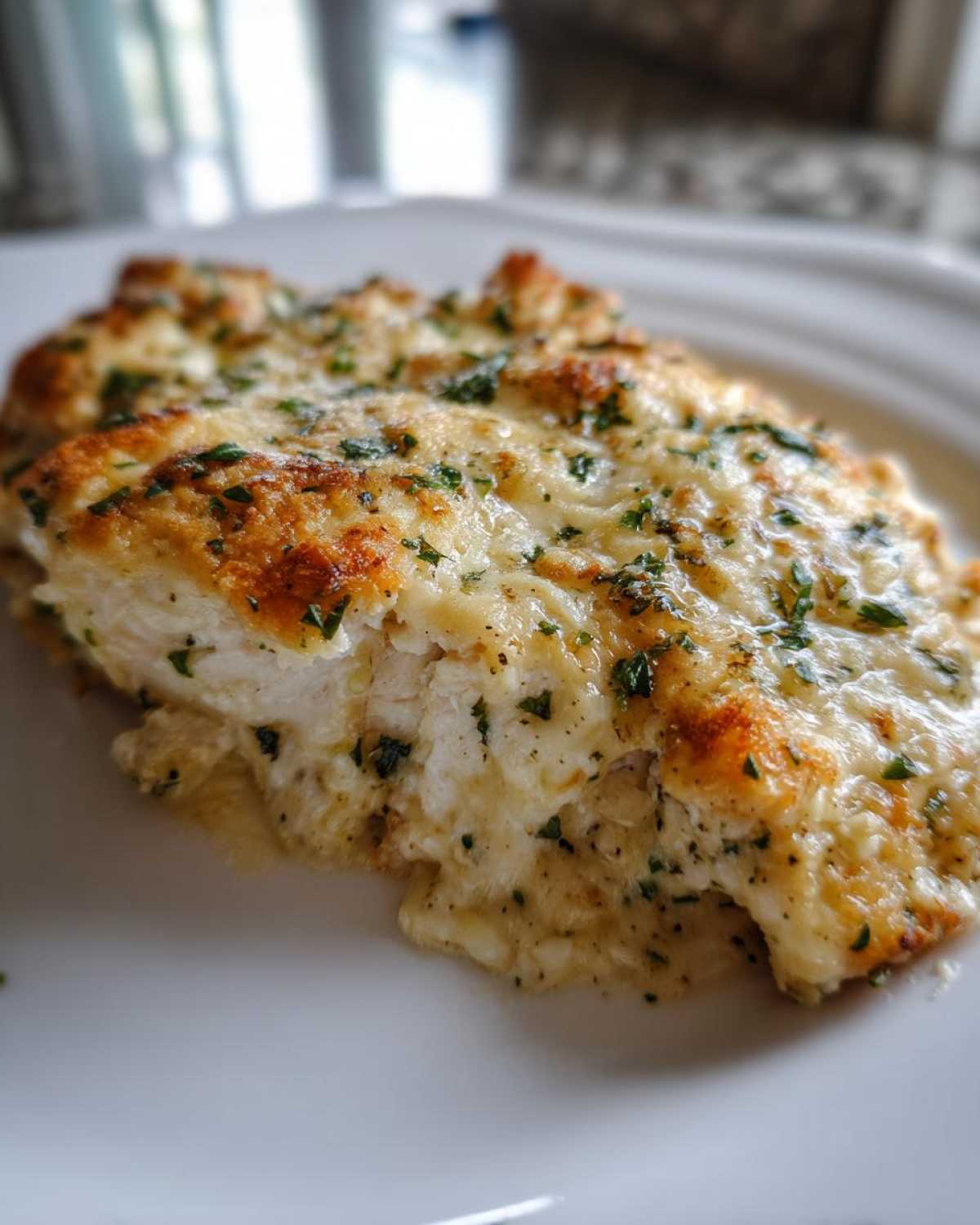 Close-up of a juicy caesar chicken breast topped with melted, slightly browned cheese and fresh parsley.