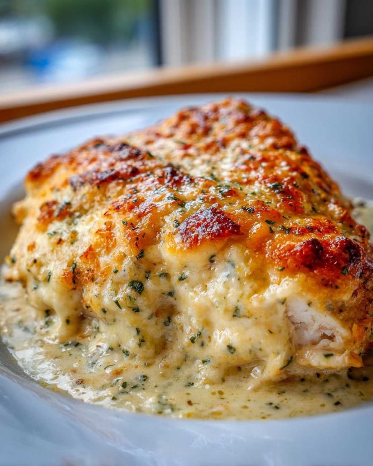 Close-up of juicy caesar chicken breast covered in melted, browned cheese sauce and herbs.