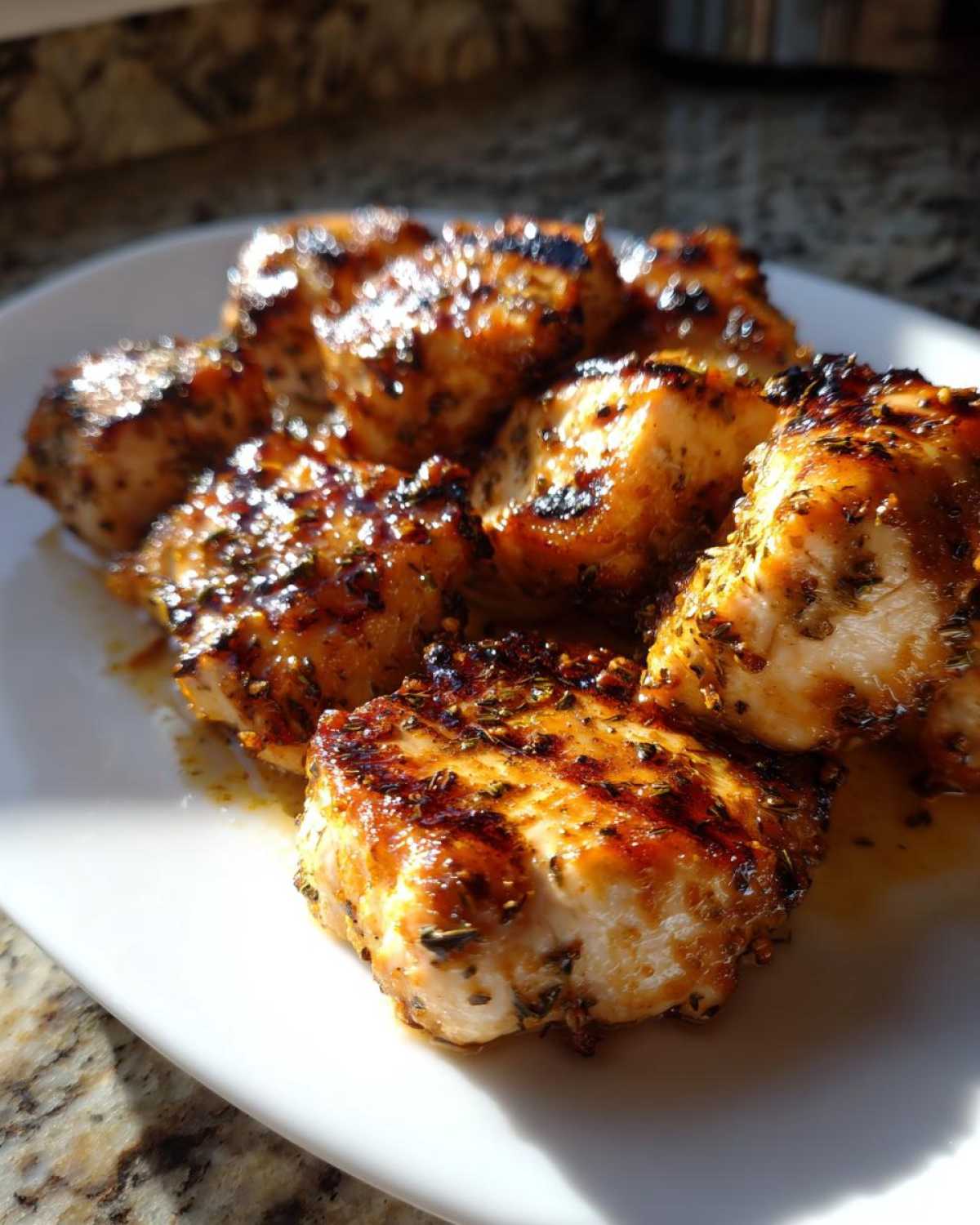 Close-up of juicy, grilled chicken pieces coated in herbs, fresh from the best 4-hour chicken marinade.