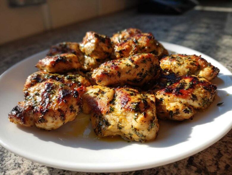 Grilled, juicy pieces of chicken coated in herbs, demonstrating the results of the best 4-hour chicken marinade.
