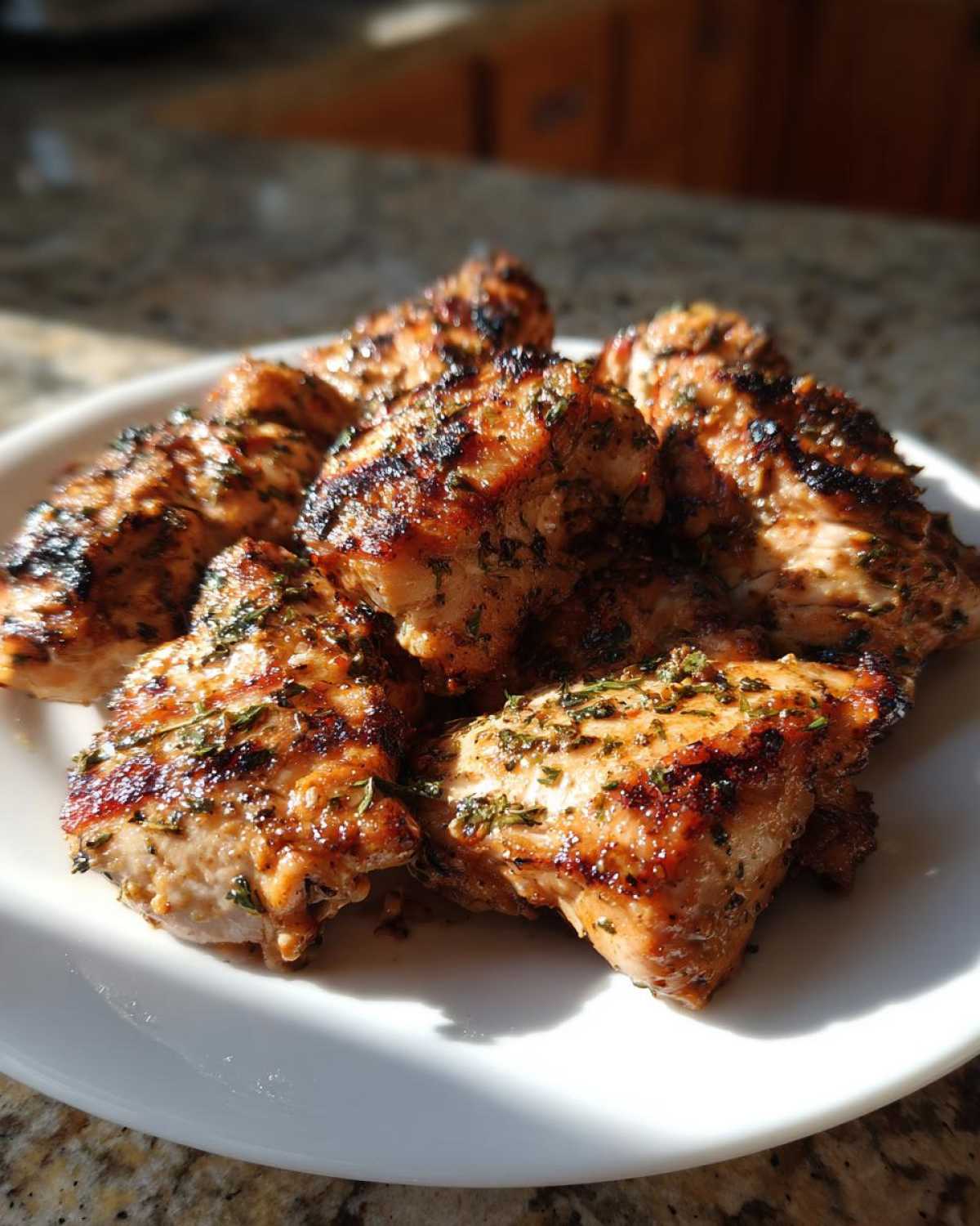 Close-up of grilled chicken pieces, glistening and seasoned with herbs, showing char marks from the grill.