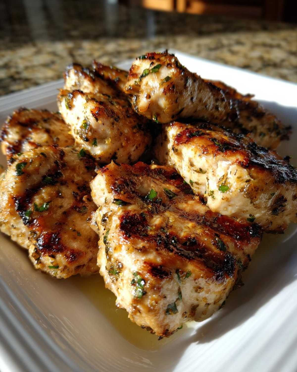 Close-up of grilled, juicy chicken pieces coated in an herb chicken marinade, resting on a white plate.