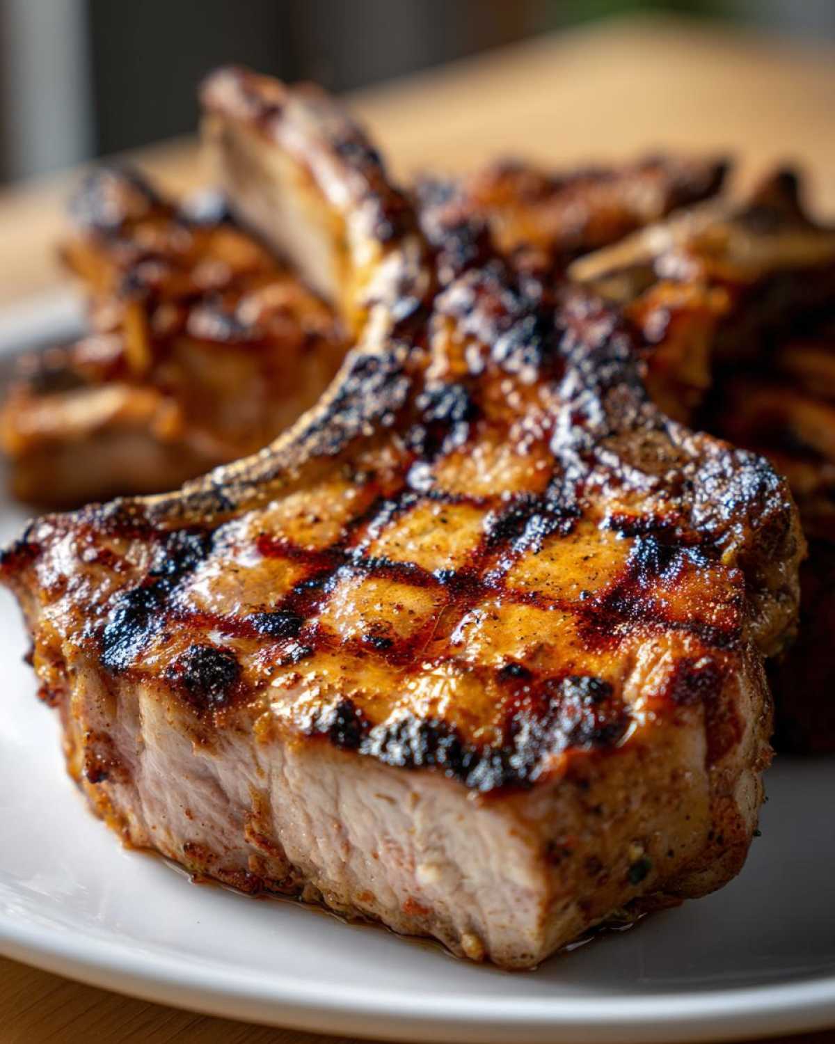 Close-up of a thick, juicy grilled pork chop showing excellent char marks from the grill, ready after using the best marinade for pork chops.