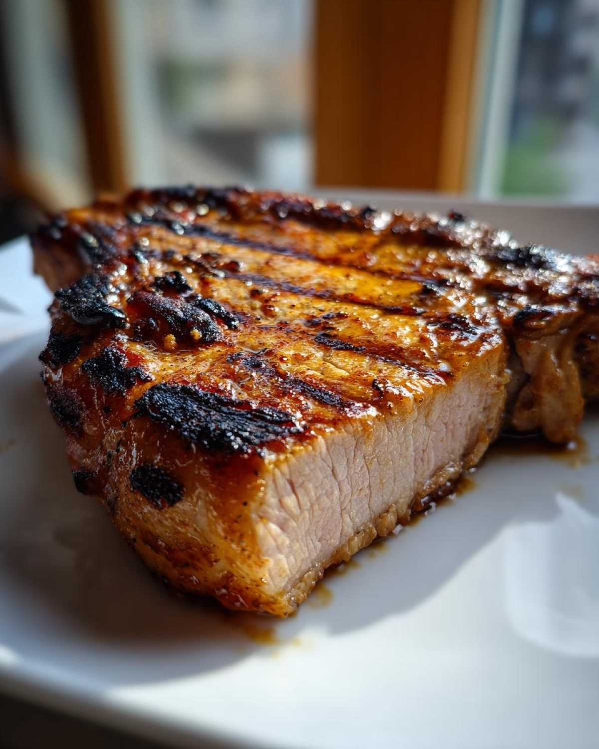 Close-up of a perfectly grilled, juicy pork chop showing grill marks and moist interior, made with the best marinade for pork chops.