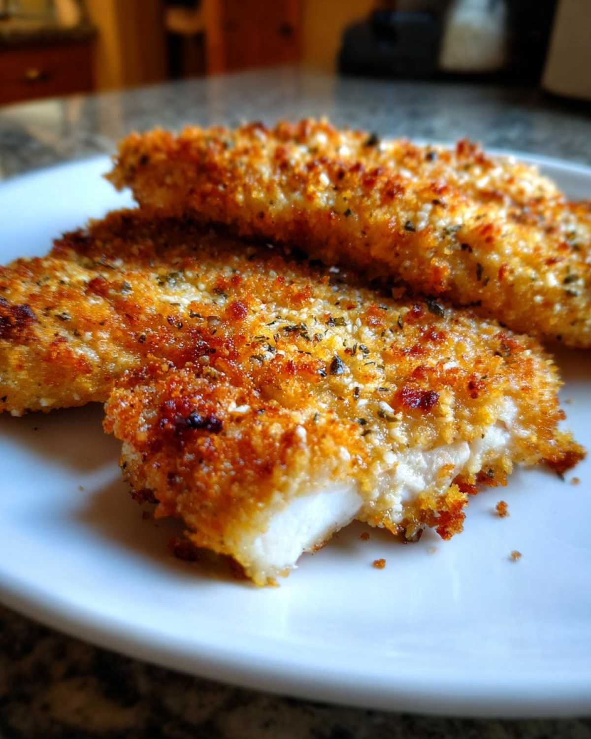 Close-up of three golden brown, crispy parmesan crusted chicken pieces on a white plate, showing the juicy white meat inside.