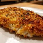 A close-up, golden-brown piece of parmesan crusted chicken showing a crispy coating and juicy white meat underneath.