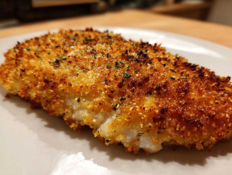 A close-up, golden-brown piece of parmesan crusted chicken showing a crispy coating and juicy white meat underneath.