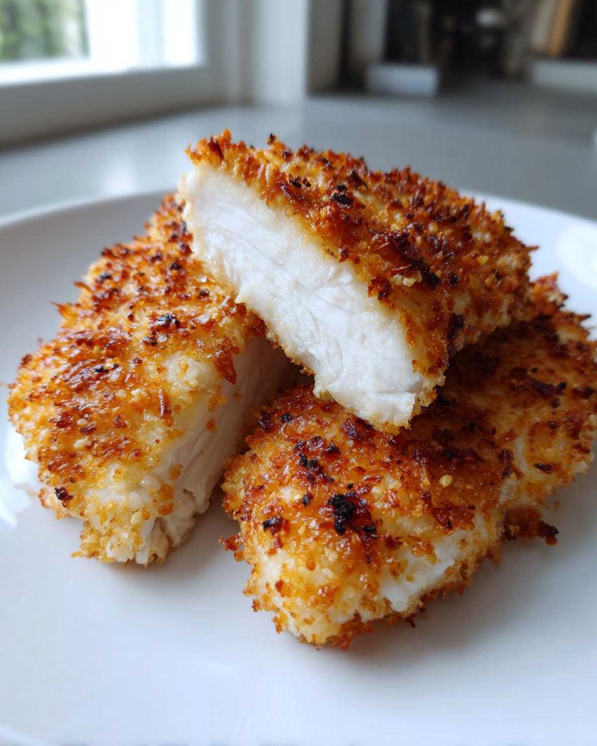 Close-up of juicy parmesan crusted chicken pieces, showing the white interior and golden-brown crust.