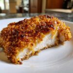 Close-up of a thick slice of juicy parmesan crusted chicken showing the white interior and golden brown, crispy crust.