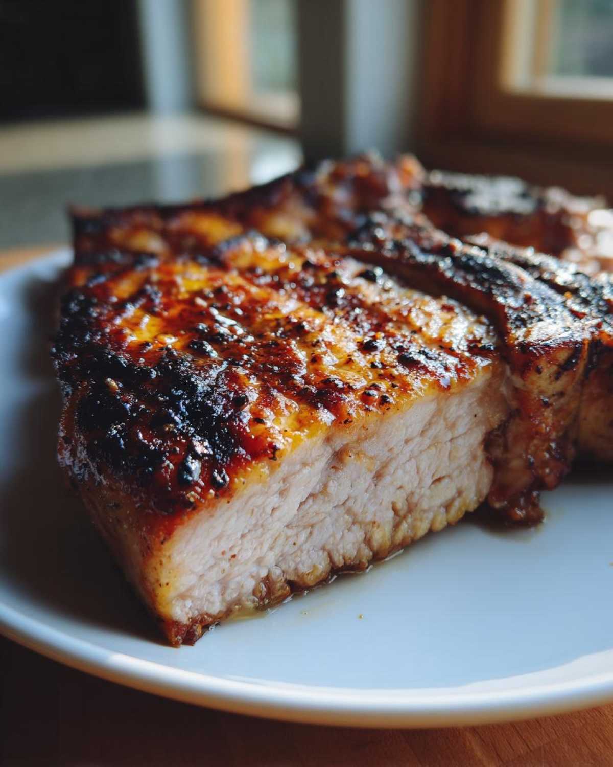 Close-up of a thick, juicy pork chop showing a perfectly cooked interior and caramelized exterior from the marinade for pork chops.