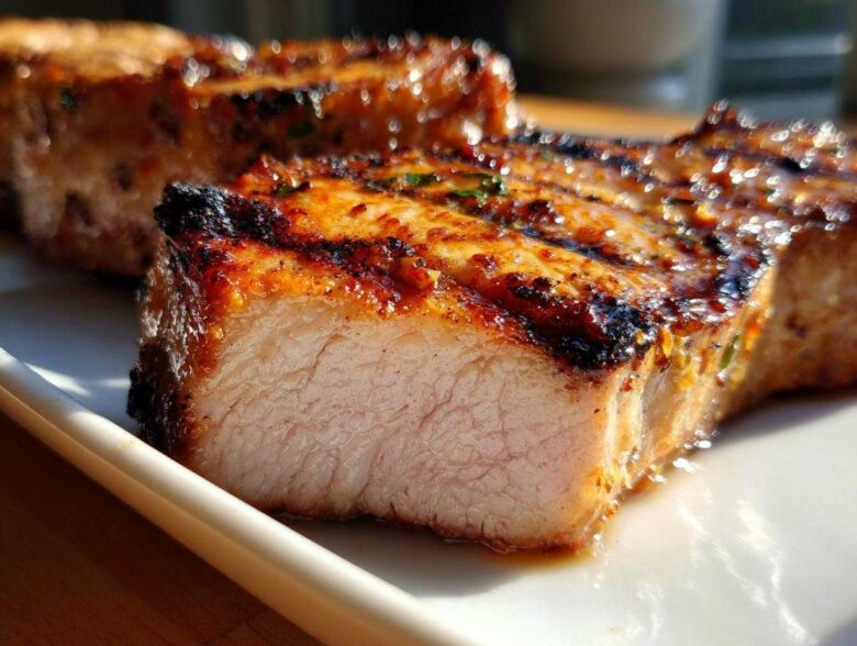 Close-up of a perfectly cooked, juicy pork chop showing the moist interior after using the best marinade for pork chops.