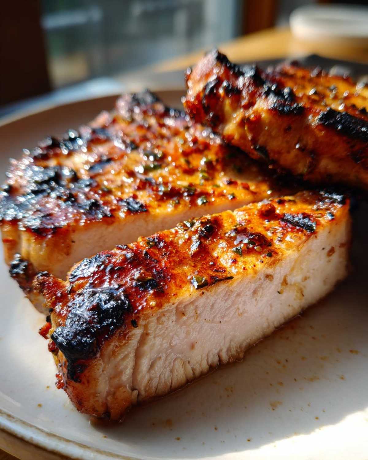 Close-up of thick, juicy pork chops showing a perfectly cooked interior and caramelized exterior from the marinade for pork chops.