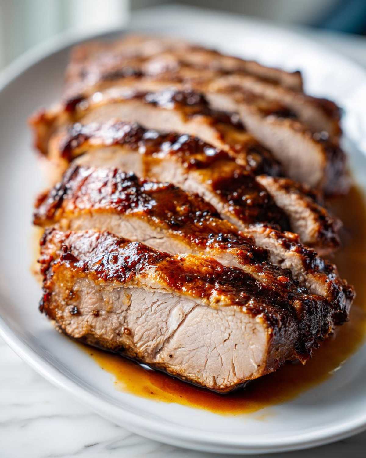 Close-up of a juicy pork loin roast, sliced and covered in a rich, dark glaze, resting in pan juices.