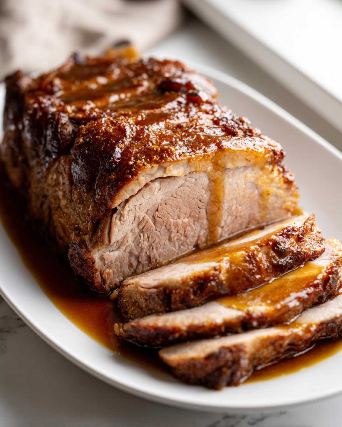 A close-up of a sliced, juicy pork loin roast covered in a rich brown glaze, resting on a white platter.