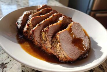 Slices of perfectly cooked pork loin roast, seasoned and drizzled with brown gravy, served on a white plate.