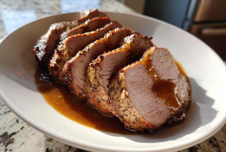 Slices of perfectly cooked pork loin roast, seasoned and drizzled with brown gravy, served on a white plate.