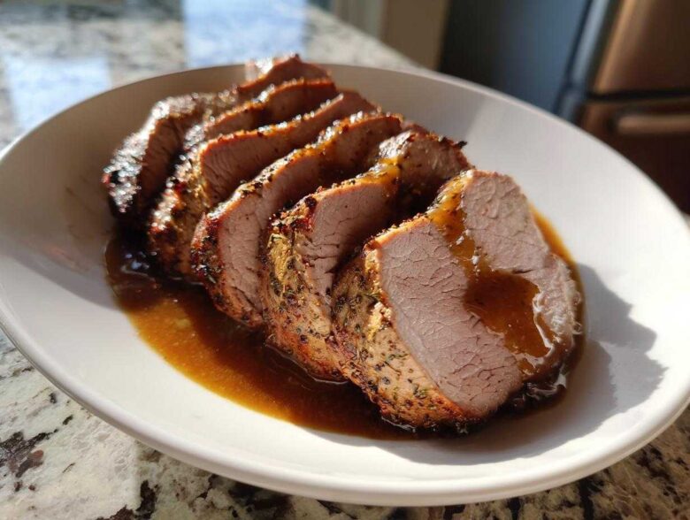Slices of perfectly cooked pork loin roast, seasoned and drizzled with brown gravy, served on a white plate.