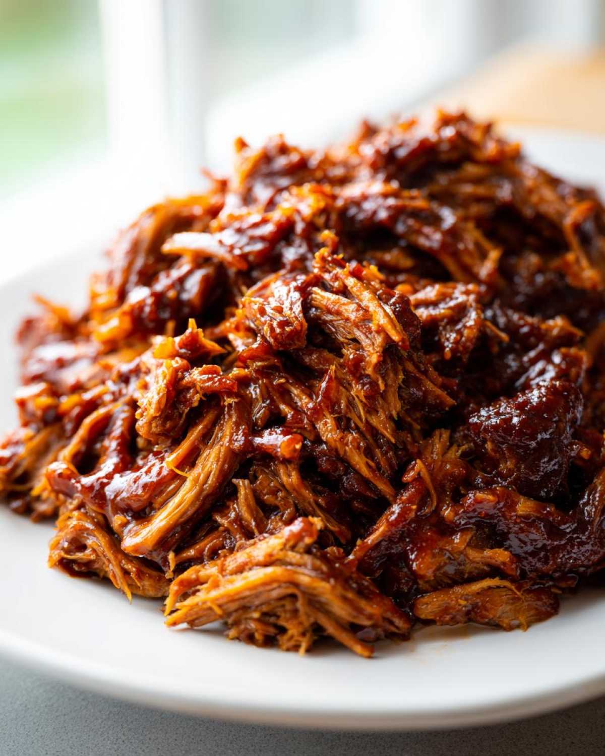 A mound of tender, shredded Slow Cooker Pulled Pork coated in rich barbecue sauce on a white plate.