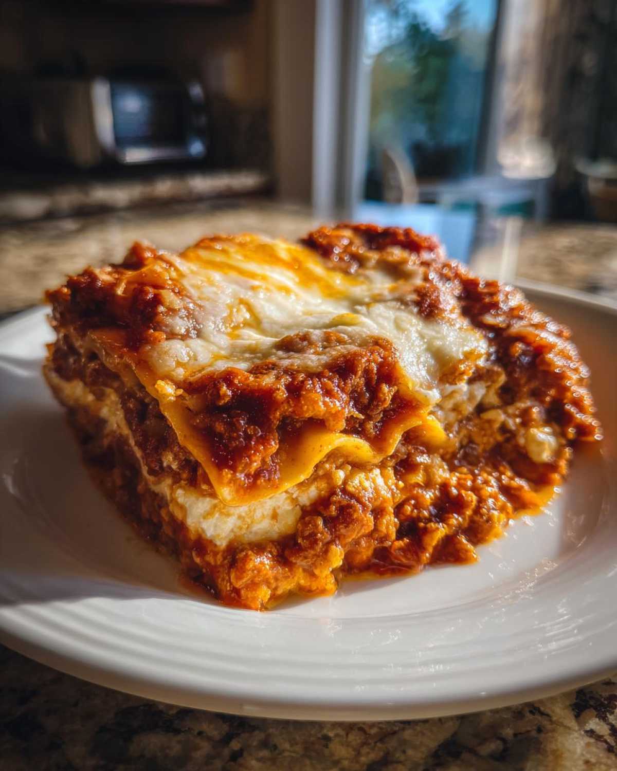 A close-up, sunlit serving of Lasagna with Cottage Cheese, showing layers of pasta, meat sauce, and melted cheese.
