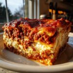 A thick, square slice of Lasagna with Cottage Cheese showing rich layers of meat sauce and creamy white filling.