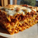 Close-up of a thick, layered slice of Lasagna with Cottage Cheese, showing ruffled noodles and rich meat sauce under melted cheese.