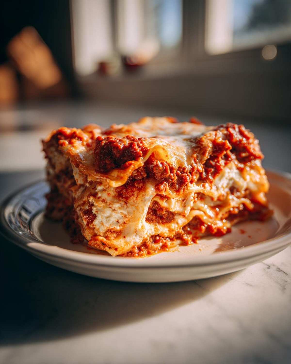 A thick, layered slice of Lasagna with Cottage Cheese topped with rich meat sauce, served on a small plate.