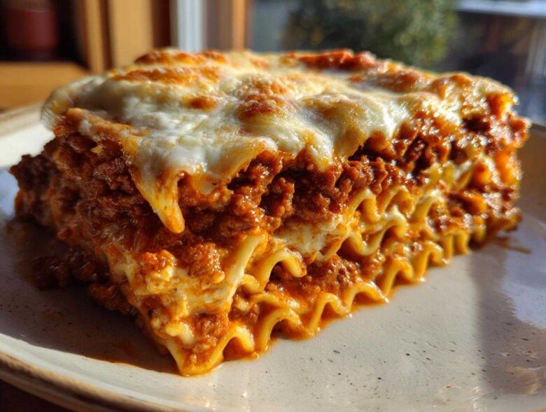 Close-up of a thick, layered slice of Lasagna with Cottage Cheese, showing ruffled noodles and rich meat sauce under melted cheese.