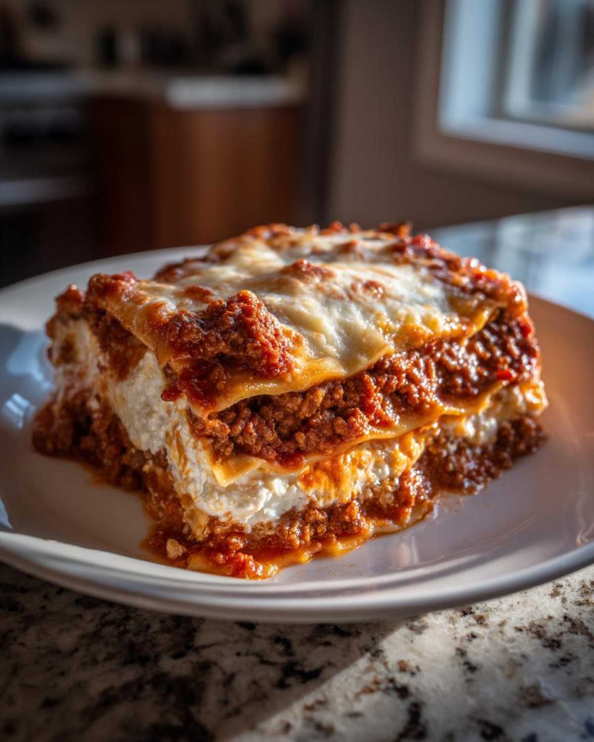 Close-up of a hearty slice of Lasagna with Cottage Cheese showing layers of pasta, meat sauce, and white cheese filling.