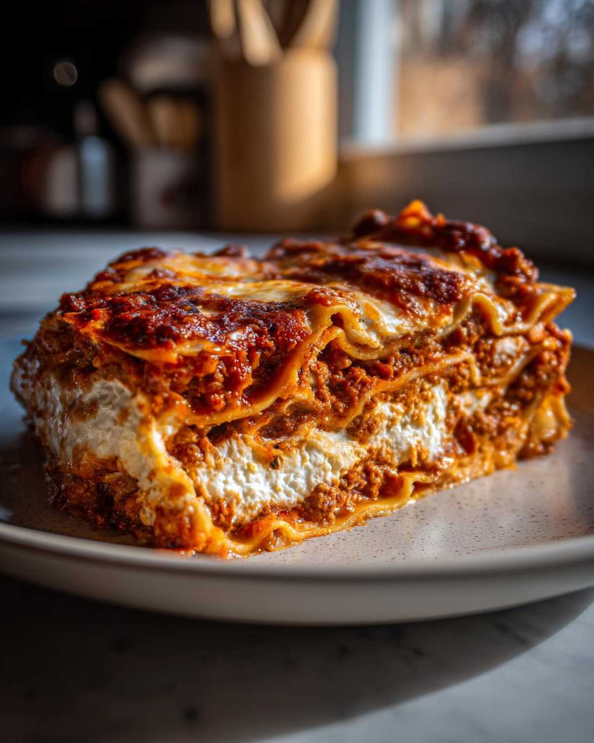 A thick, layered slice of lasagna with cottage cheese filling and rich meat sauce.