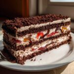 A layered slice of no-bake dirt cake featuring chocolate crumbs, cream filling, and gummy worms, served on a white plate.