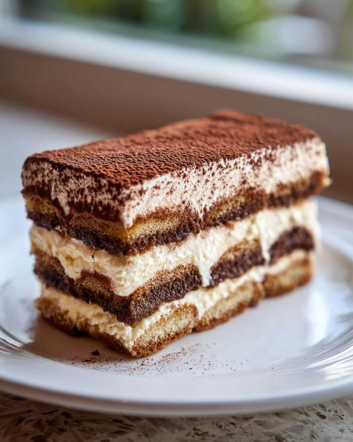 A beautifully layered slice of homemade tiramisu recipe served on a white plate, dusted heavily with cocoa powder.