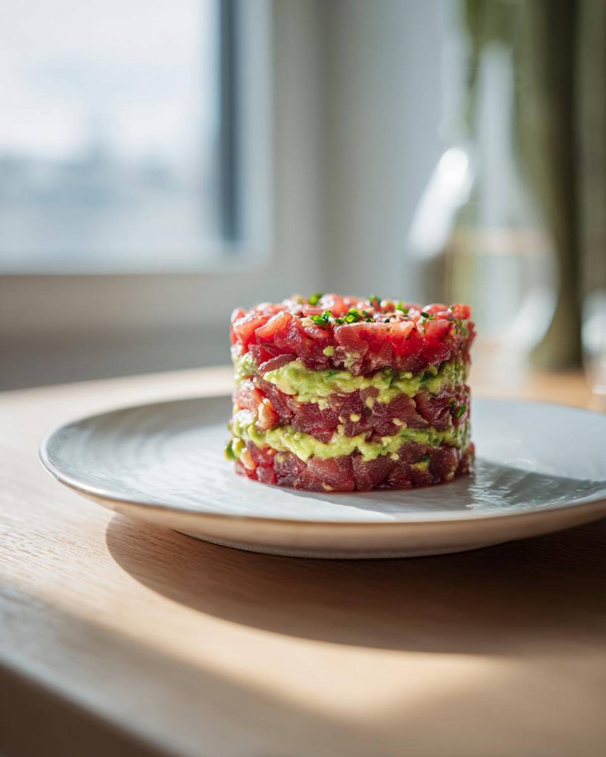 A beautifully presented, layered tuna tartare stack featuring alternating layers of diced red tuna and creamy green avocado.