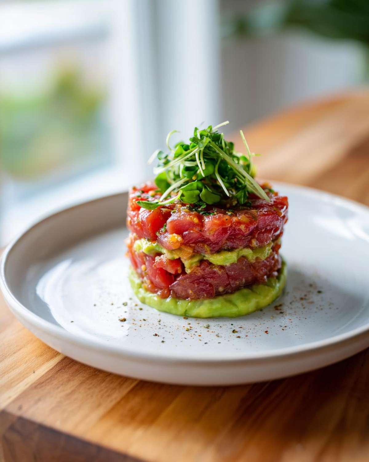 A beautifully plated, stacked tuna tartare featuring layers of diced raw tuna and creamy avocado, topped with microgreens.