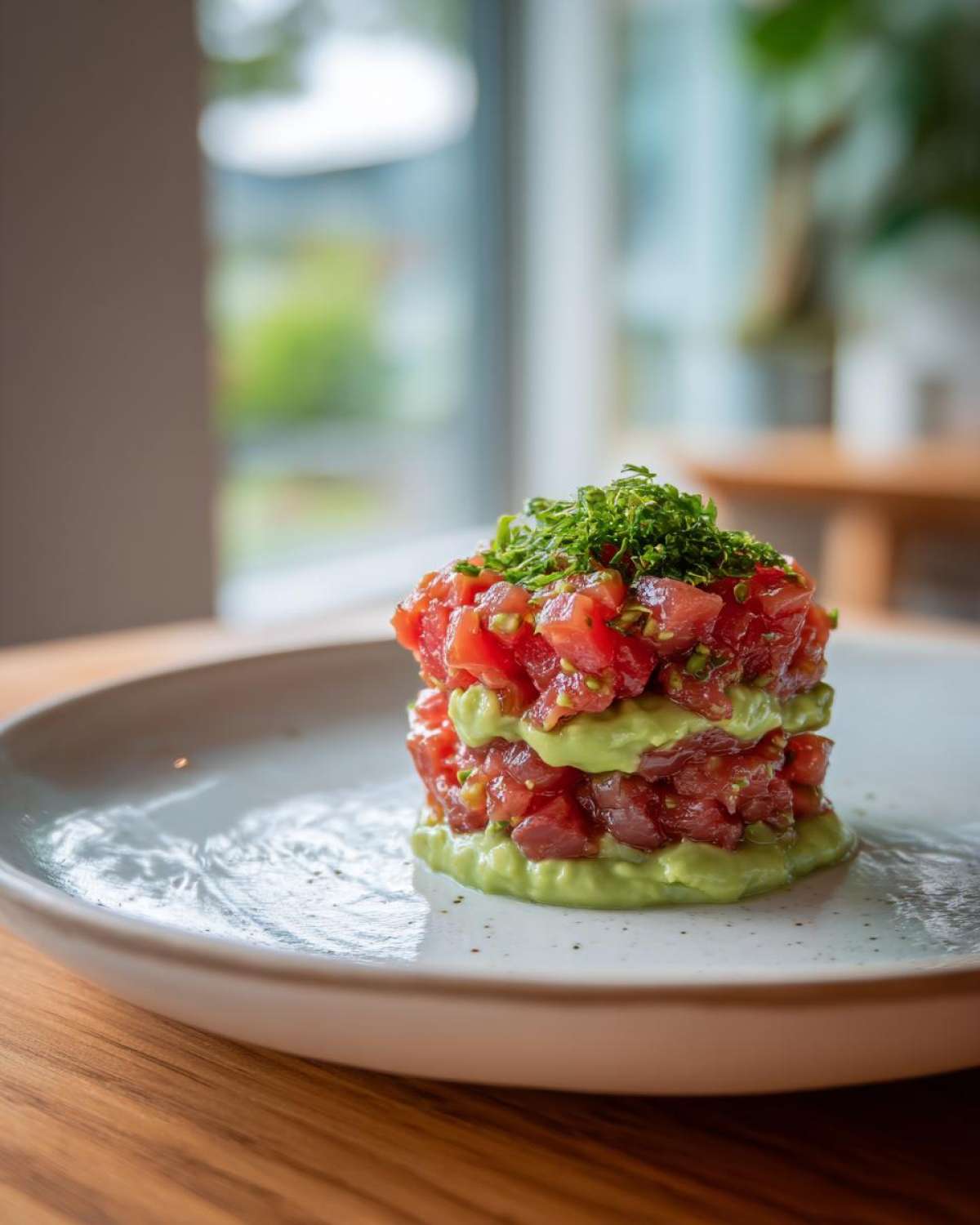 A beautifully plated, stacked tuna tartare with layers of creamy avocado and topped with microgreens.