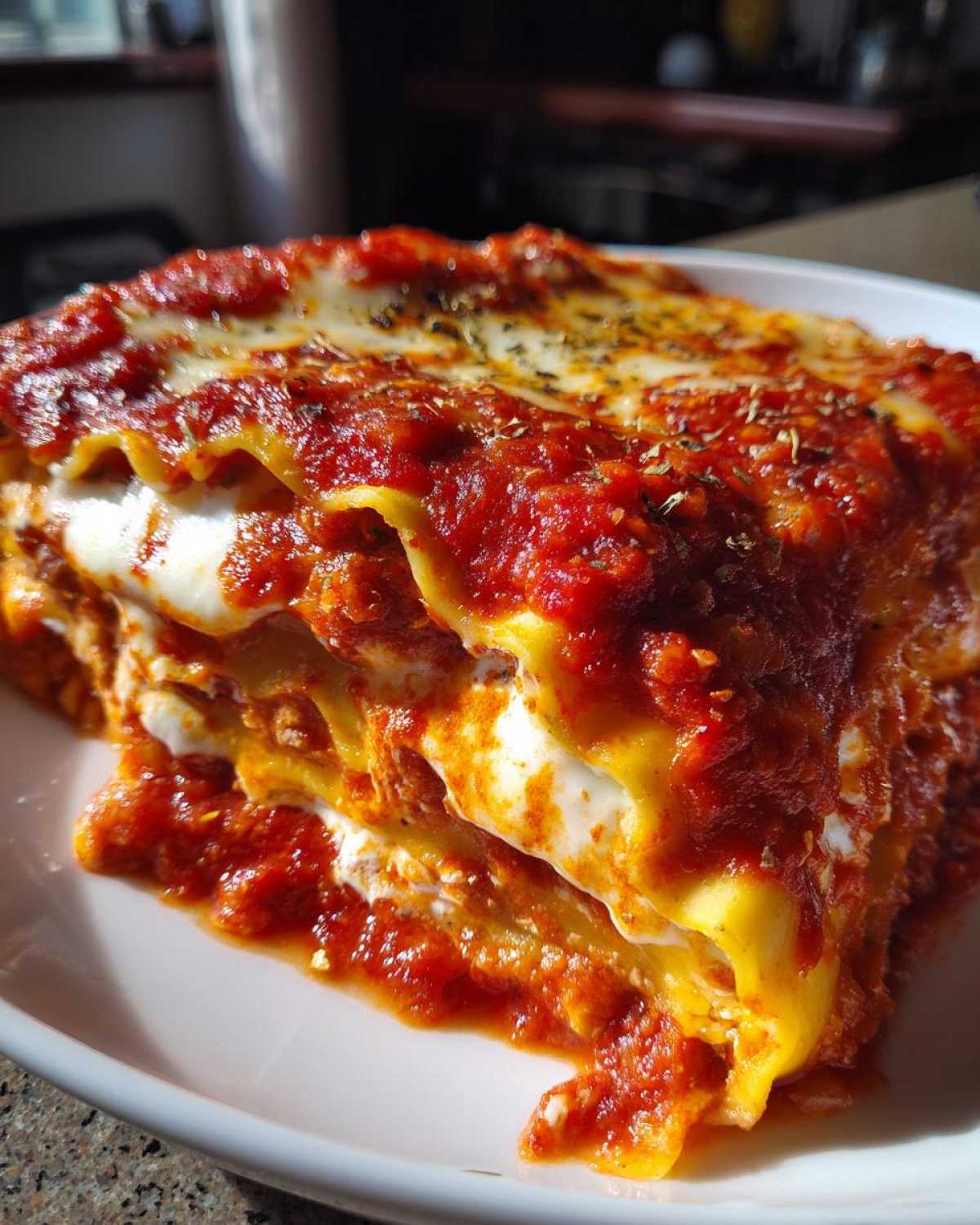 Close-up of a thick slice of lazy lasagna layered with pasta, ricotta, and rich tomato sauce, sprinkled with herbs.